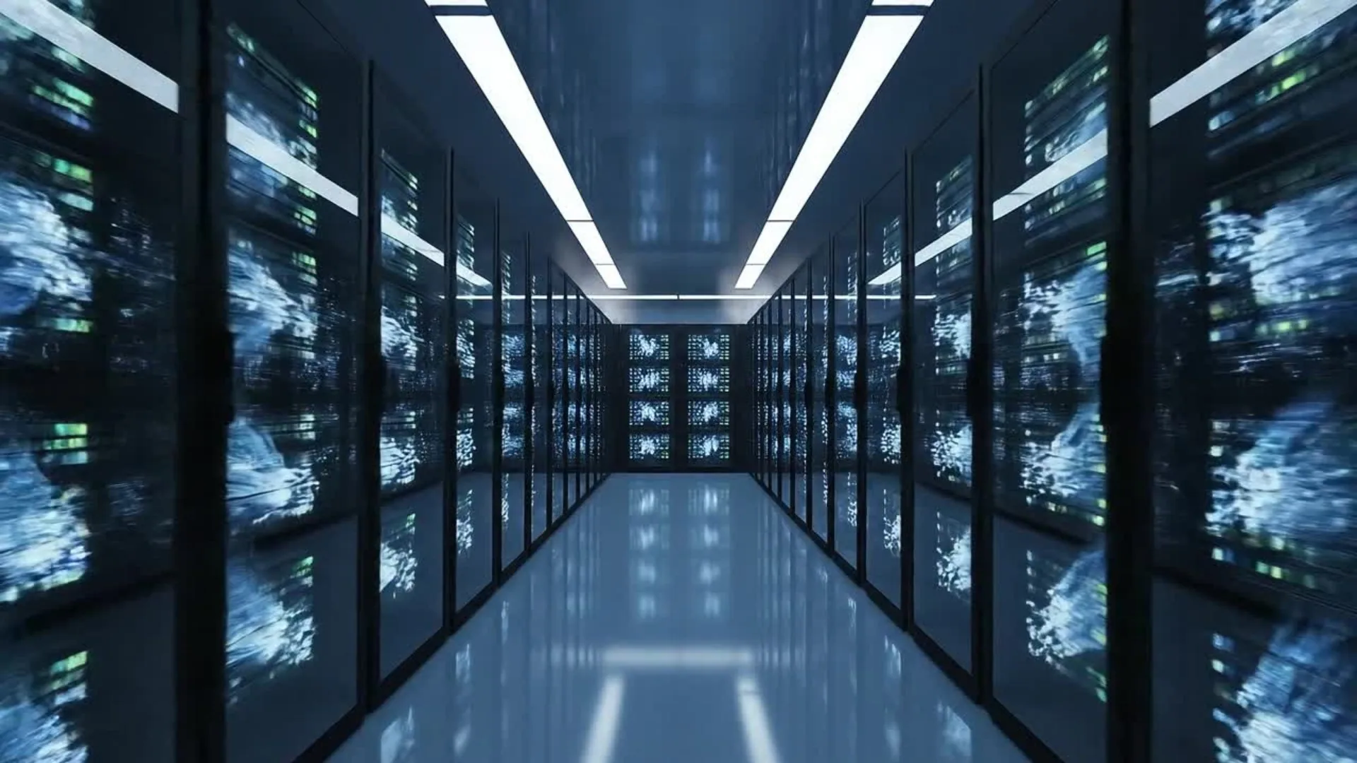 A data centre aisle lined with server racks